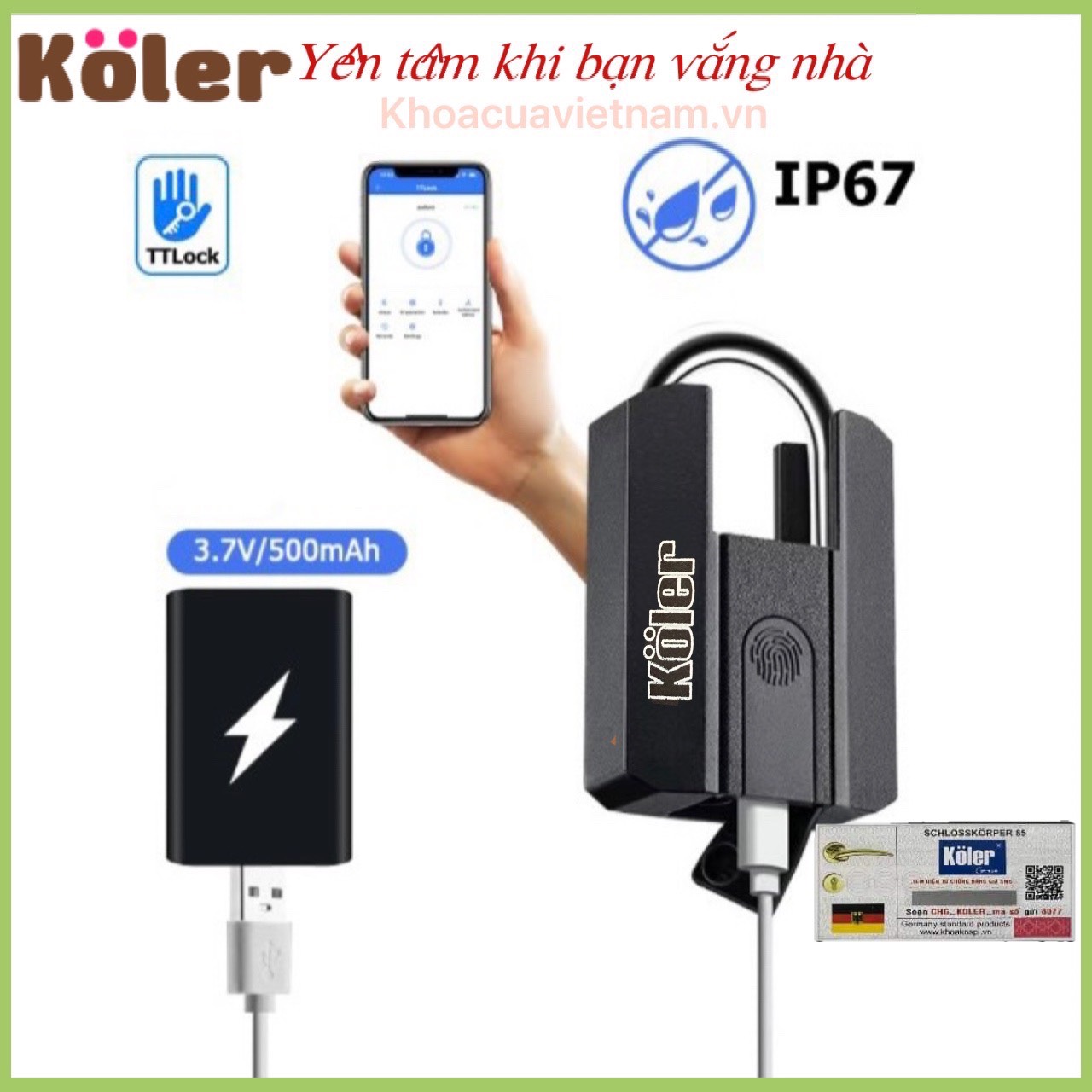Khóa Bấm Vân Tay KOLER Chống Nước. Mở Khóa Bằng APP, Vân Tay và Chìa Cơ.