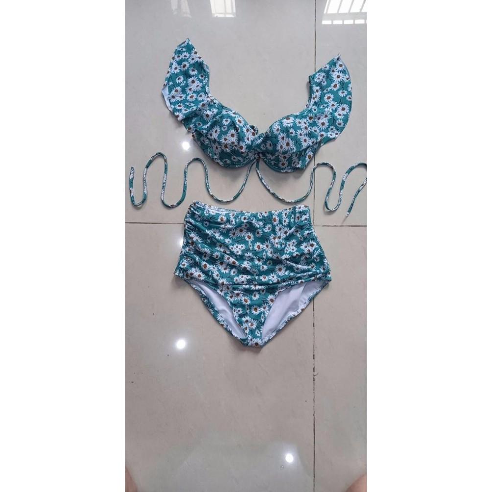 freeship Bikini, Đồ Bơi Đi Biển Nữ Hai Mảnh Cánh Tiên Hoa Cúc Xanh Cạp Cao Siêu Đẹp AG08