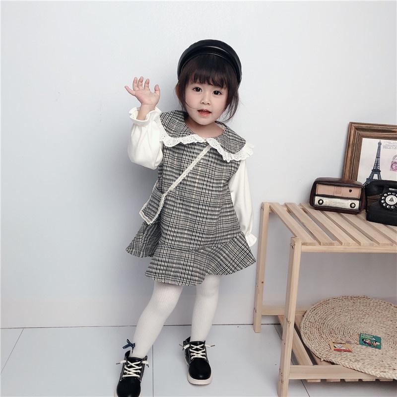 Áo váy thu đông bé gái họa tiết caro dễ thương tặng kèm túi đeo chéo như hình