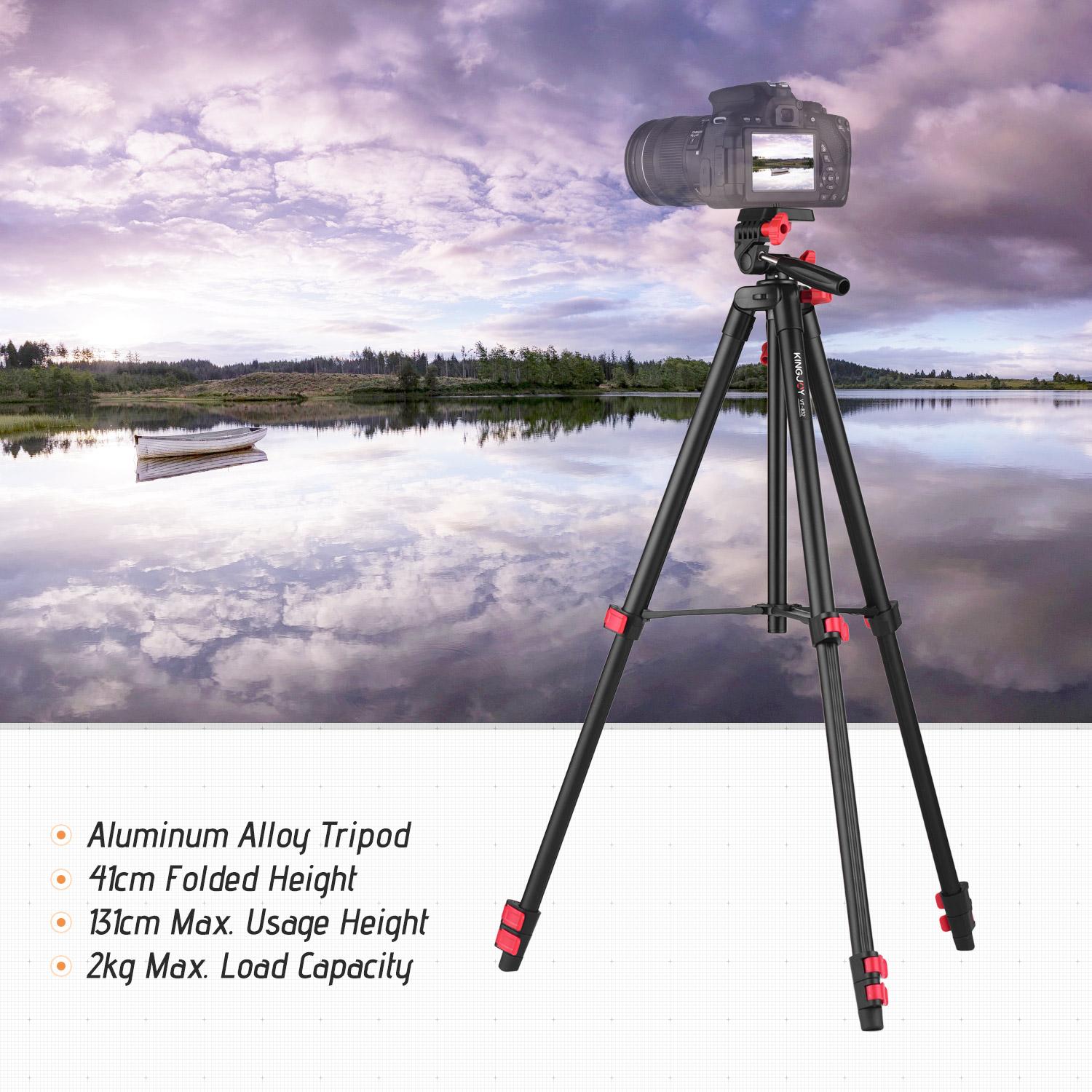 KINGJOY VT-832 Portable Photography Tripod Stand Aluminum Alloy 2kg Load Capacity 1/4 Inch Screw Connector Max. Height