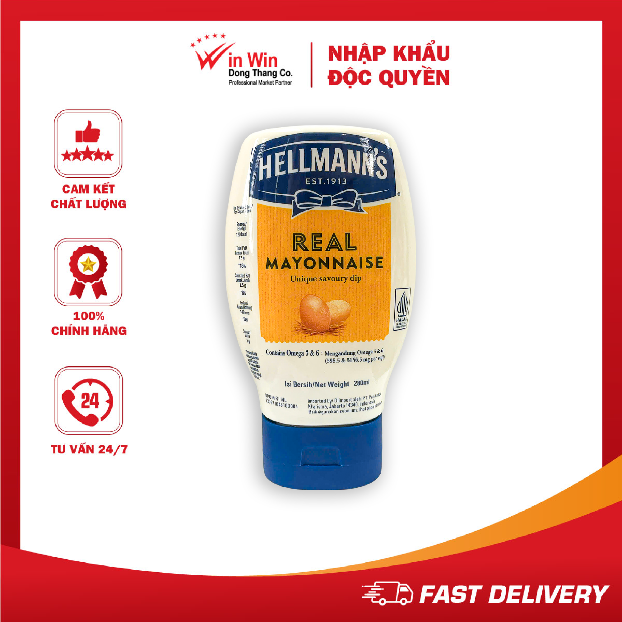 Xốt Mayonnaise Vị Nguyên Bản Hellmann’s 280ml - Thương Hiệu Mỹ, SX Thái Lan | Hellmann’s Real Mayonnaise 280ml