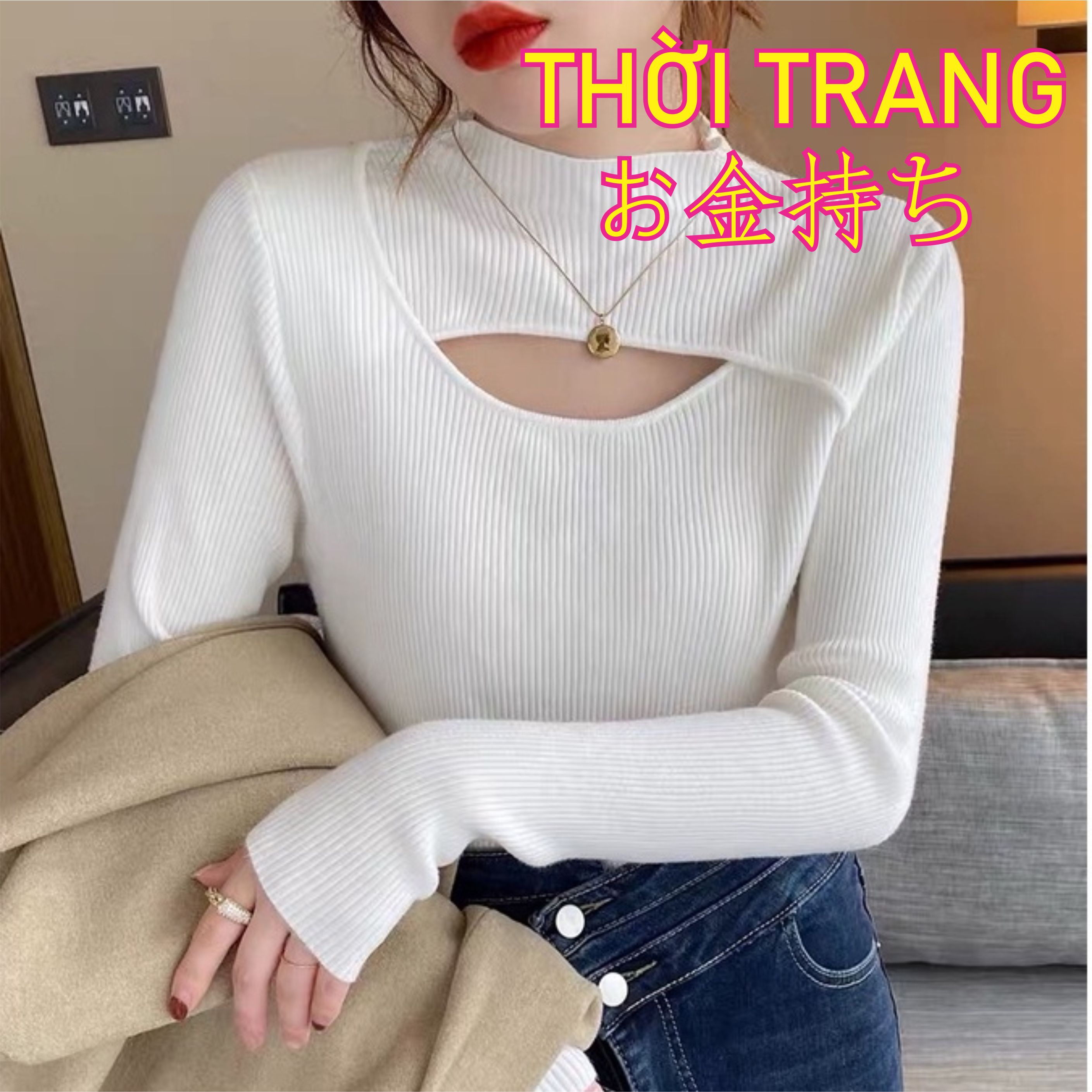 Áo len mỏng dài tay khoét ngực nữ tính cổ cao 3 phân 503