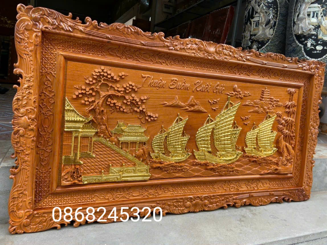Tranh thuận buồm xuôi gió bằng gỗ gõ pu dát vàng cao cấp kt 67×127×4cm