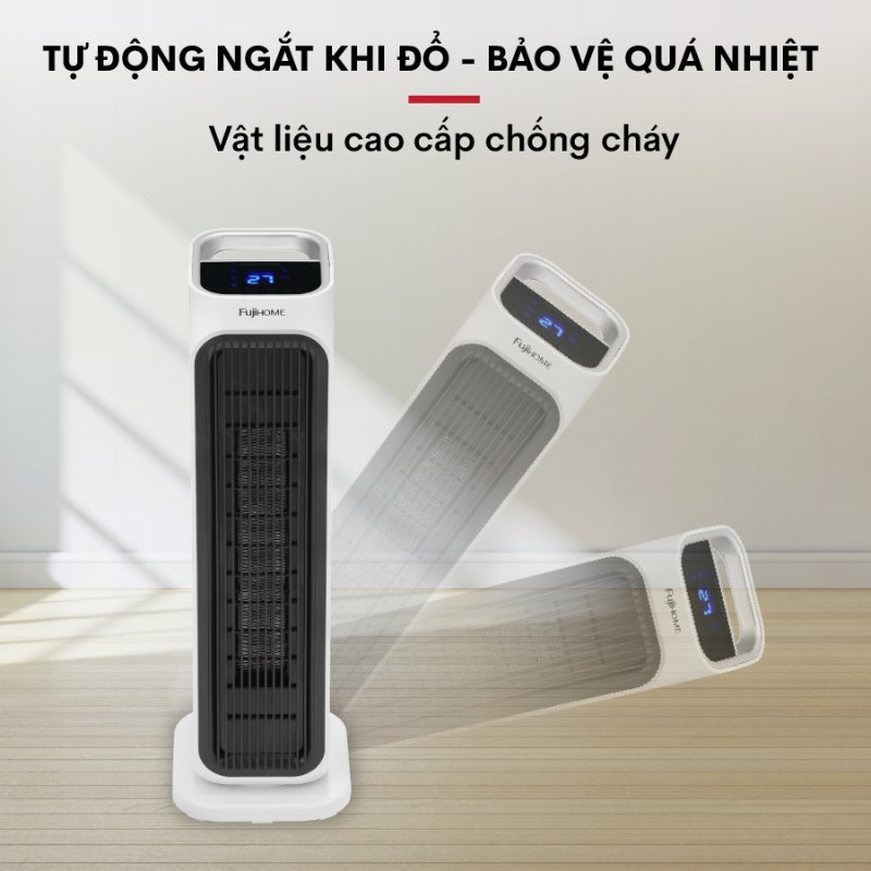 Quạt sưởi gốm để sàn FUJIHOME FH3000 điều khiển từ xa, Màn LCD hiển thị, Làm ấm cực nhanh, Hàng chính hãng bảo hành 24 tháng