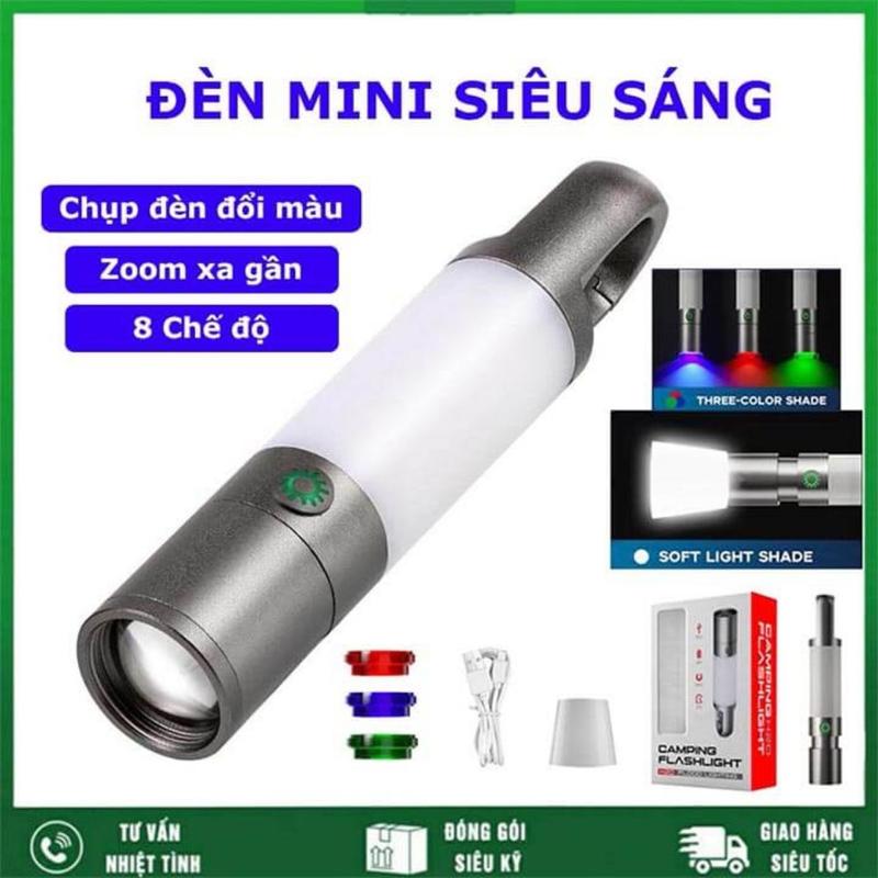 Đèn pin siêu sáng cầm tay có zoom xa gần, đèn led cắm trại dã ngoại 8 chế độ sáng, 5 màu ánh sáng có móc treo tiện dụng Mai Lee