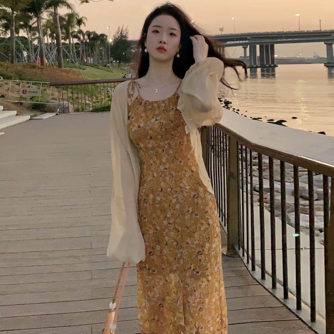 CHENGRUI Váy lụa trắng, váy lụa hoa, váy dài mùa hè 2023.