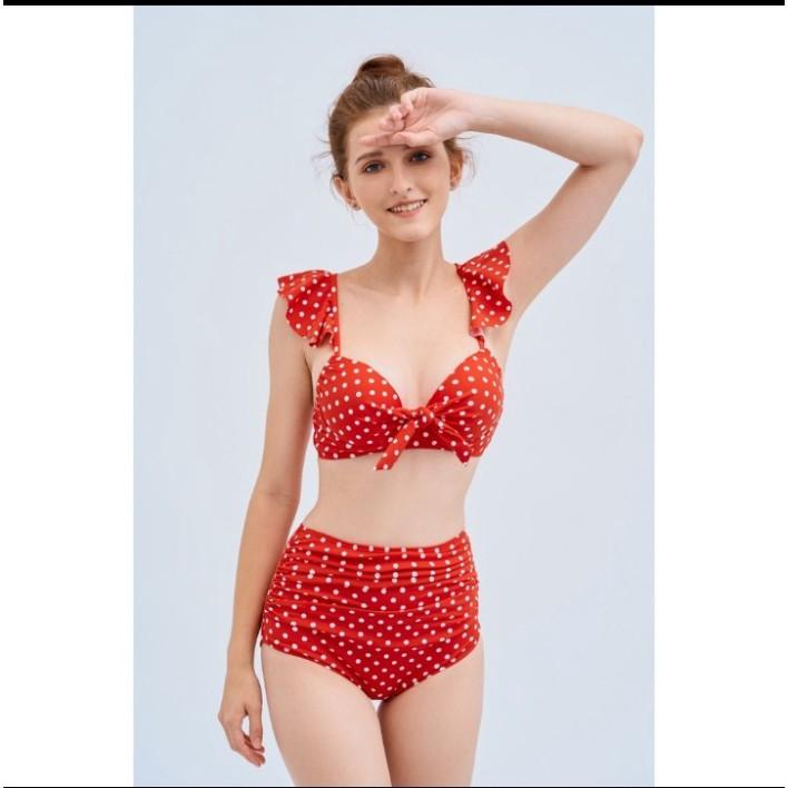 freeship Bikini đồ bơi đi biển hai mảnh cạp cao quần nhúng che bụng chấm bi VATIXA BKN36