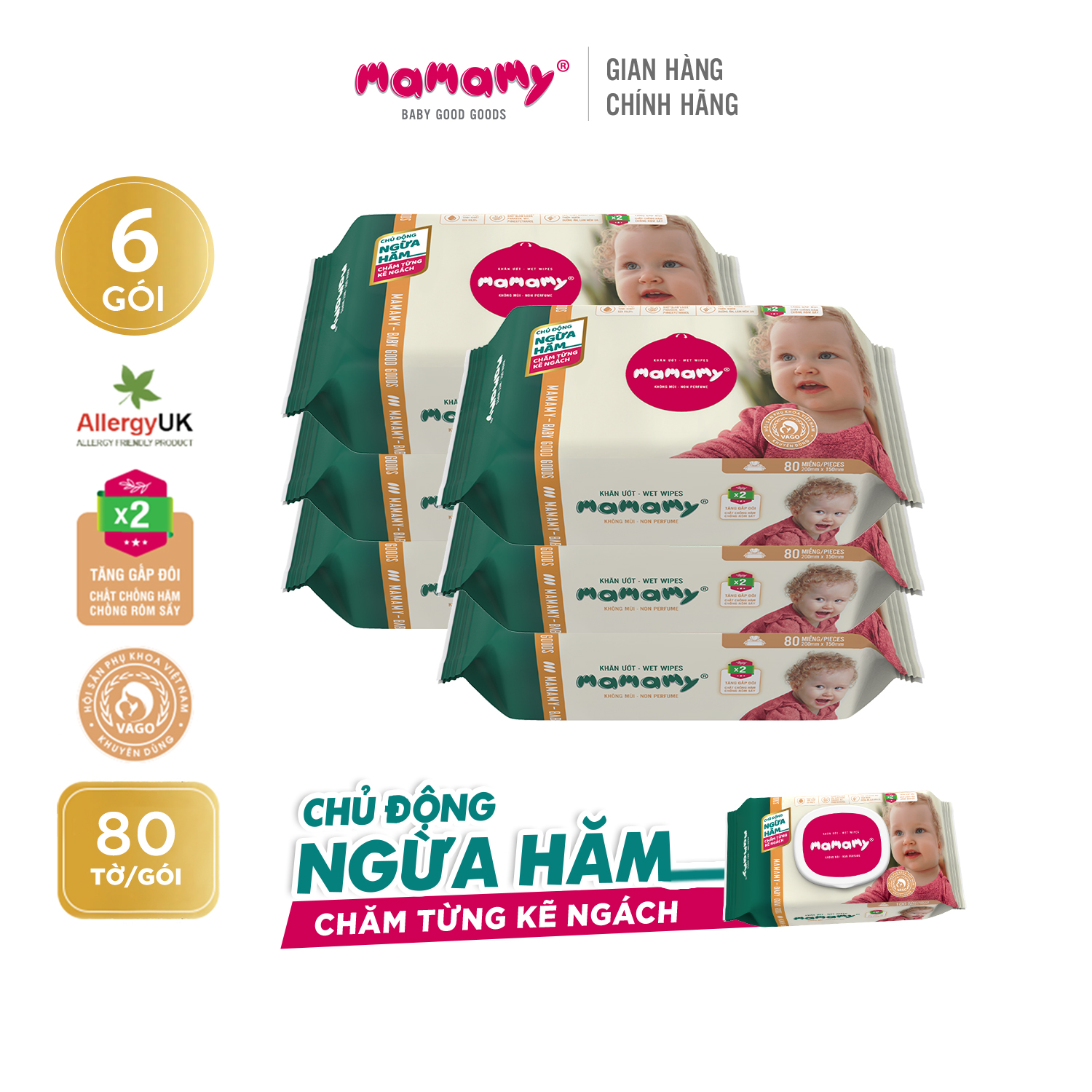 Combo 6 gói khăn ướt ngừa hăm, rôm sảy Mamamy 80 tờ/gói bổ sung (không nắp), kháng khuẩn, an toàn cho trẻ sơ sinh