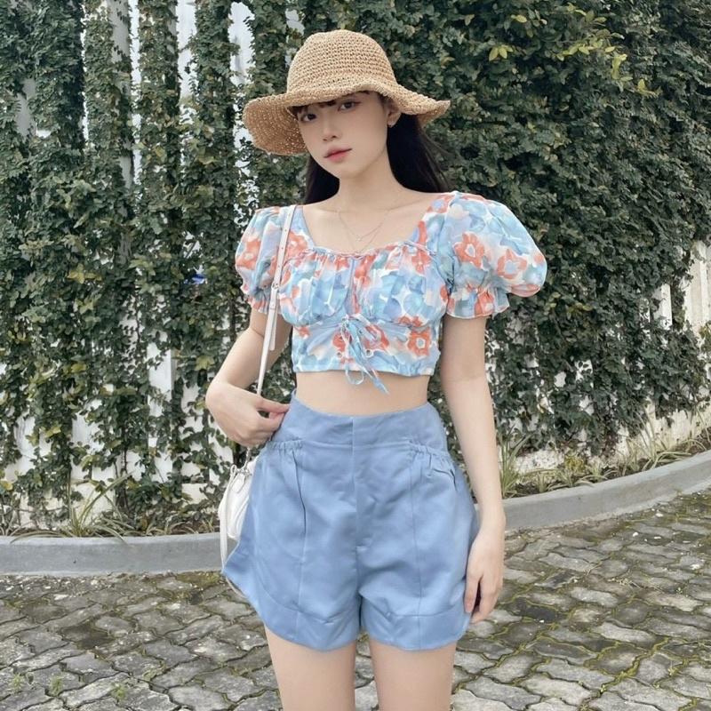 Áo Croptop Hoa Bo Eo Mix Short Xanh