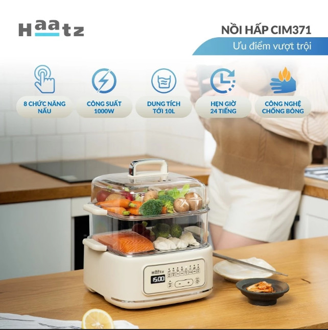 Nồi Hấp Đa Năng 2 Tầng Haatz CIM371, Dung Tích 10L, 8 Chức Năng, 1000W - Hàng Chính Hãng