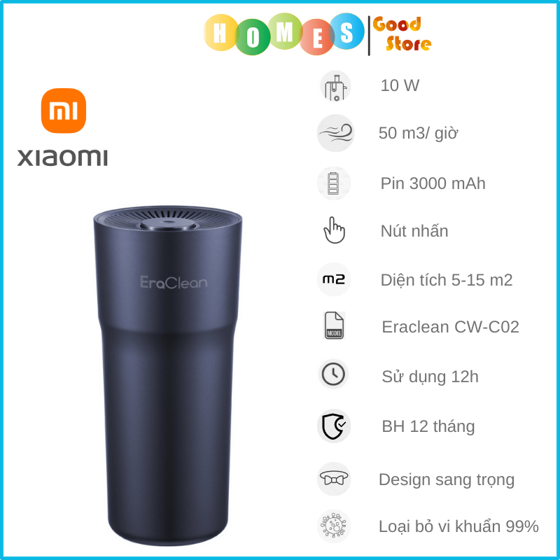 Máy Khử Mùi Ô Tô XIAOMI Eraclean CW-C02 Kiêm Lọc Không Khí, Khử Khuẩn Ozon Thời Gian Sử Dụng 12h Liên Tục Công Suất 10W - Hàng Nhập Khẩu