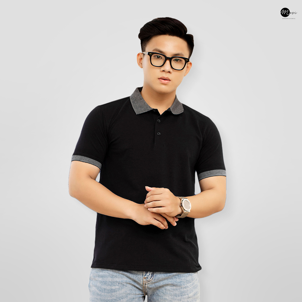 Áo polo nam cổ bẻ phối viền vải cotton chuẩn form, lịch sự, năng động, đen - MOSI
