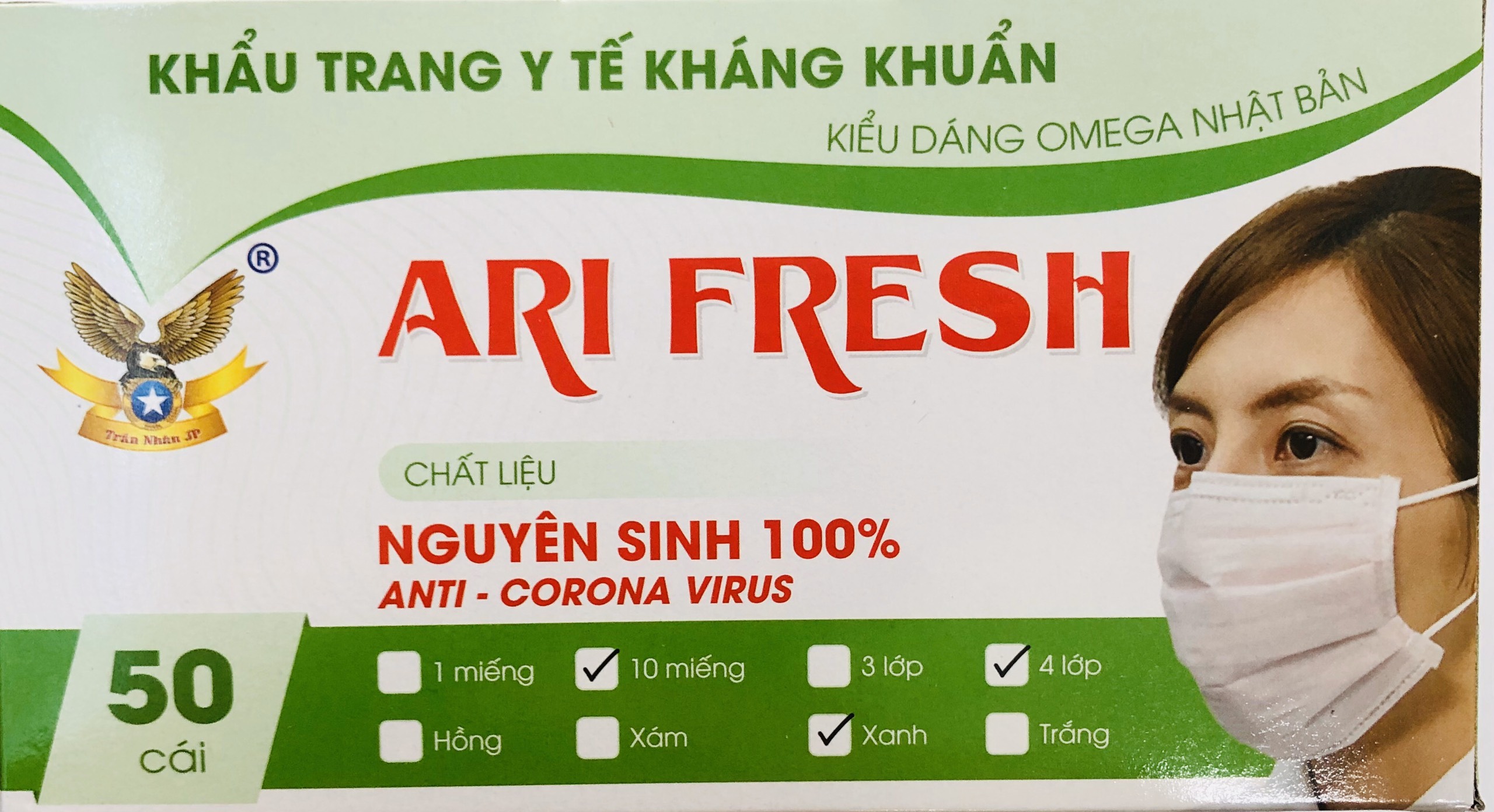 Khẩu trang y tế cao cấp 4 lớp kháng khuẩn chống thấm  Ari Fresh (hộp 50 cái)