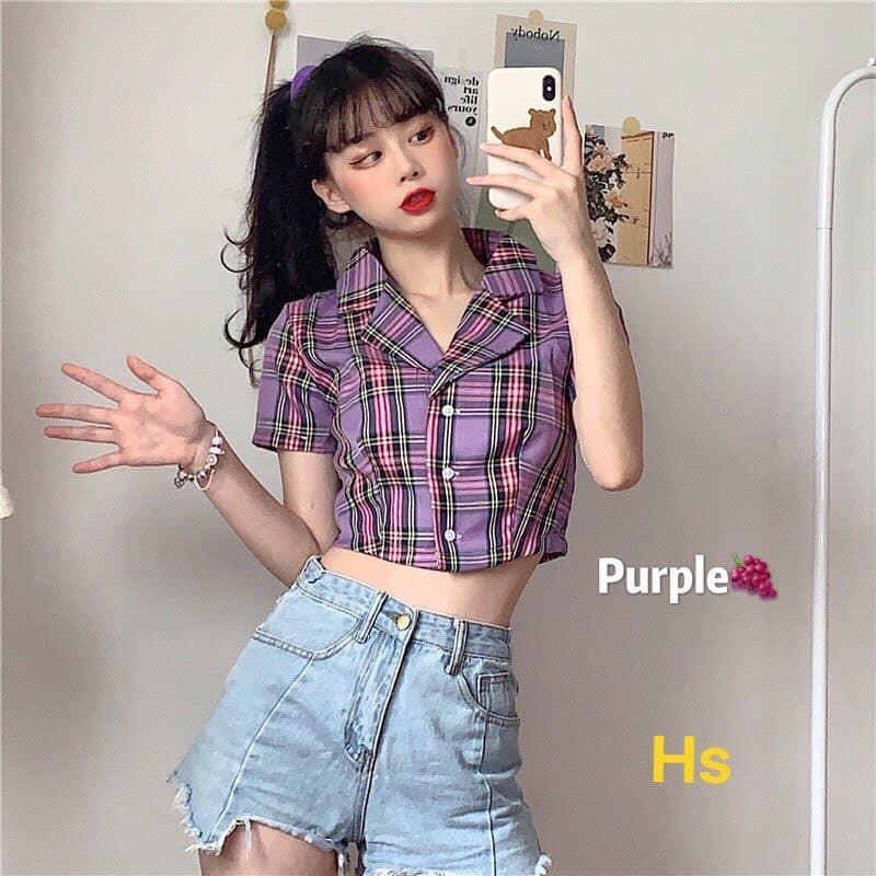 (ảnh thật) áo croptop kẻ caro phong cách hàn quốc