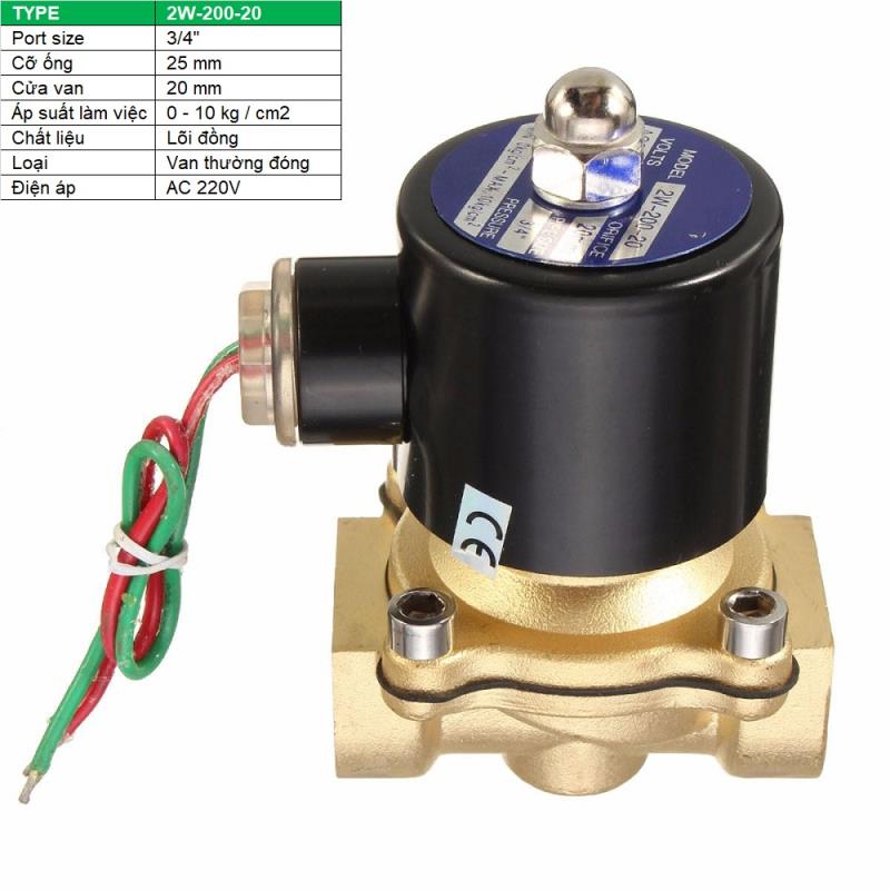 Van điện từ 2W-200-20 3/4&quot;, Φ27 mm, lõi đồng AC 220V, Solenoid valve