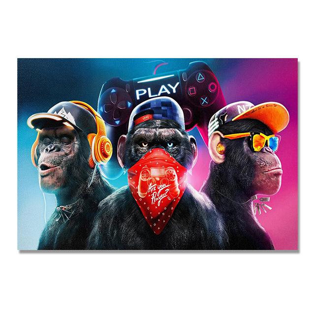 Cool Three Hip Hop Monkeys Pop Art Canvas Tranh chơi trò chơi Xử lý áp phích Phim hoạt hình Đại lộ Đồ trang trí ảnh nghệ thuật Trang trí nhà