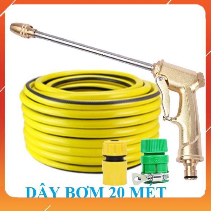 Bộ dây vòi xịt nước rửa xe, tưới cây . tăng áp 3 lần, loại 20m 206701-3 đầu đồng, cút nối vàng