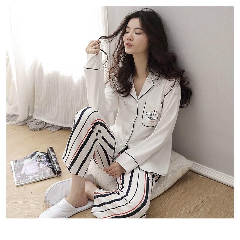 Bộ pyjama nữ vải thun cotton áo trắng Life style họa tiết kẻ sọc