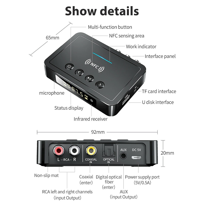 SOAIY Bộ Thu Phát Bluetooth 5.0 NFC FM 3 Trong 1 Có Màn Hình Led Hiển Thị Bluetooth M6 - Hàng Nhập Khẩu
