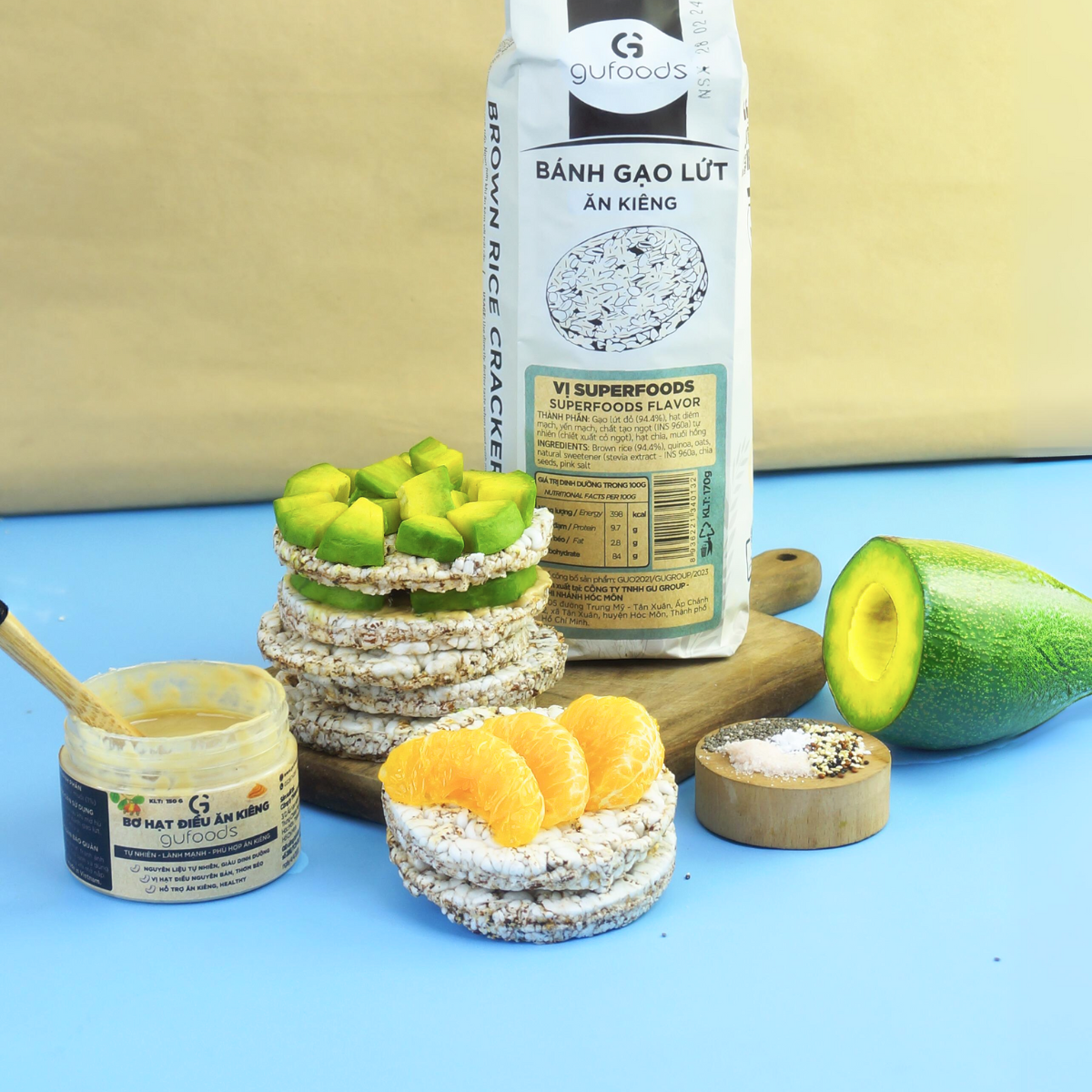 Bánh gạo lứt GUfoods vị Superfoods - Không chiên dầu, Không đường, Từ gạo và ngũ cốc nguyên hạt, Lành mạnh, Phù hợp Eat clean, Ăn vặt healthy, Thực dưỡng, Tập gym, Thuần chay