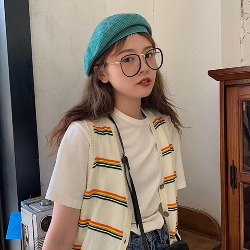 Mũ beret họa tiết ca rô phong cách Hàn Quốc đơn giản xinh xắn dành cho nữ