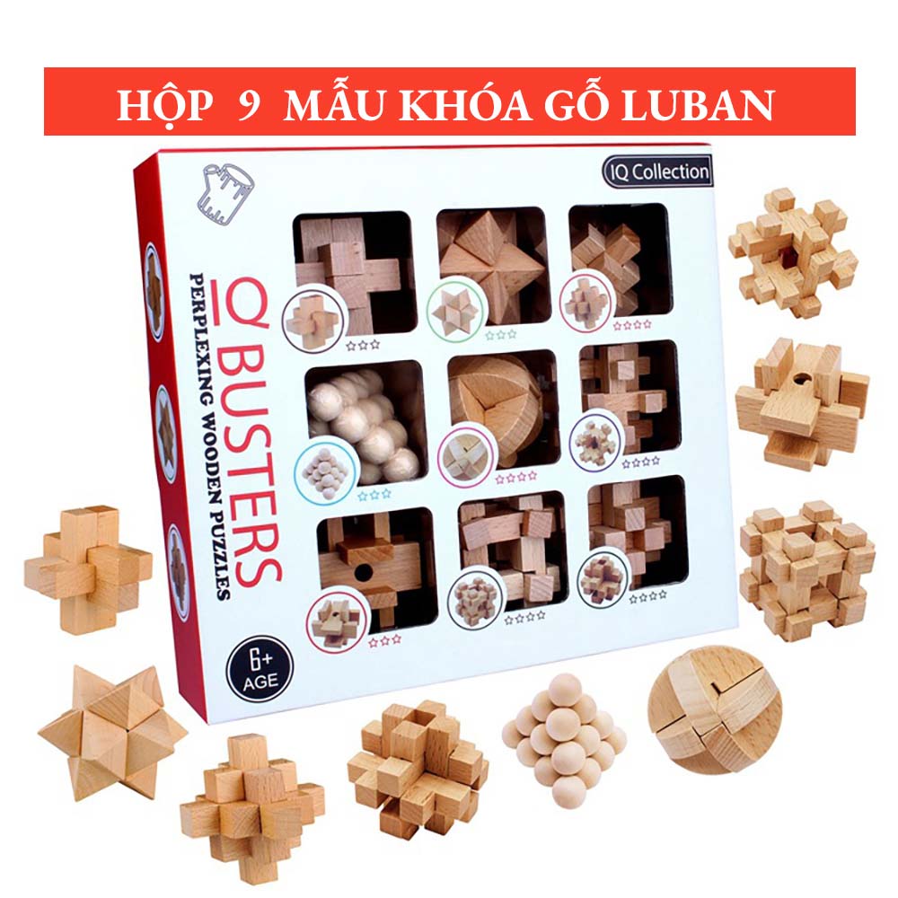 Set quà tặng 9 khóa gỗ Luban giải đố IQ phát triển trí thông minh rèn luyện tư duy logic và giải quyết vấn đề