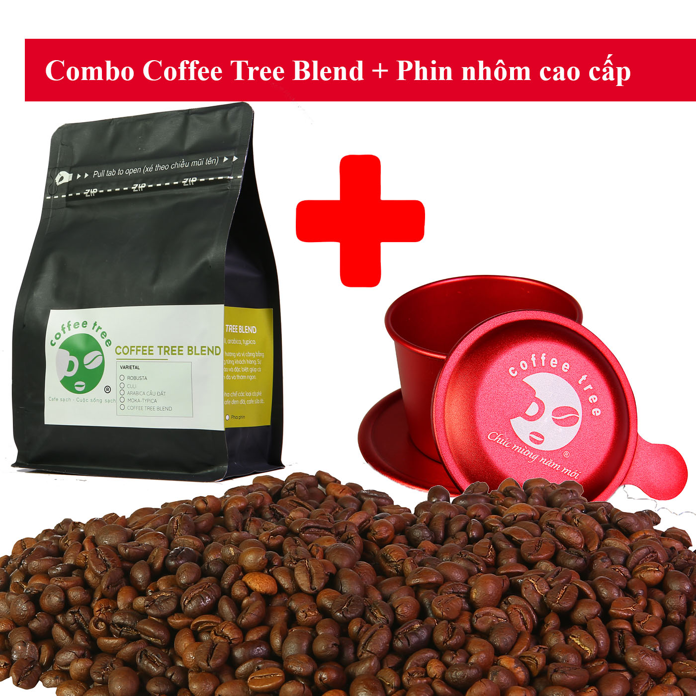 Combo Cafe bột Rang Xay Nguyên Chất Coffee Tree đặt biệt 100% Và Phin Cà Phê Màu Đỏ Cao Cấp thương hiệu Coffee Tree