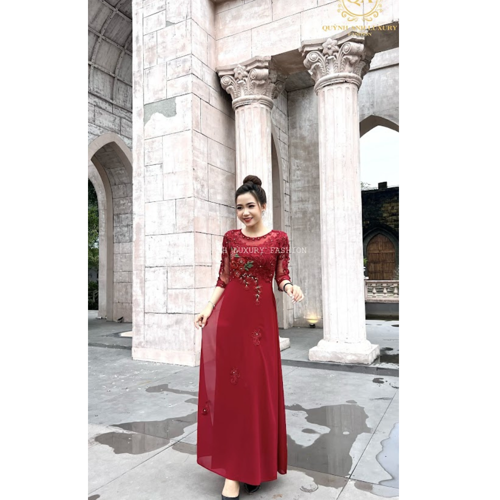 Áo dài dạ hội màu đỏ đô trung niên cho mẹ áo dài bà sui cao cấp sang trọng