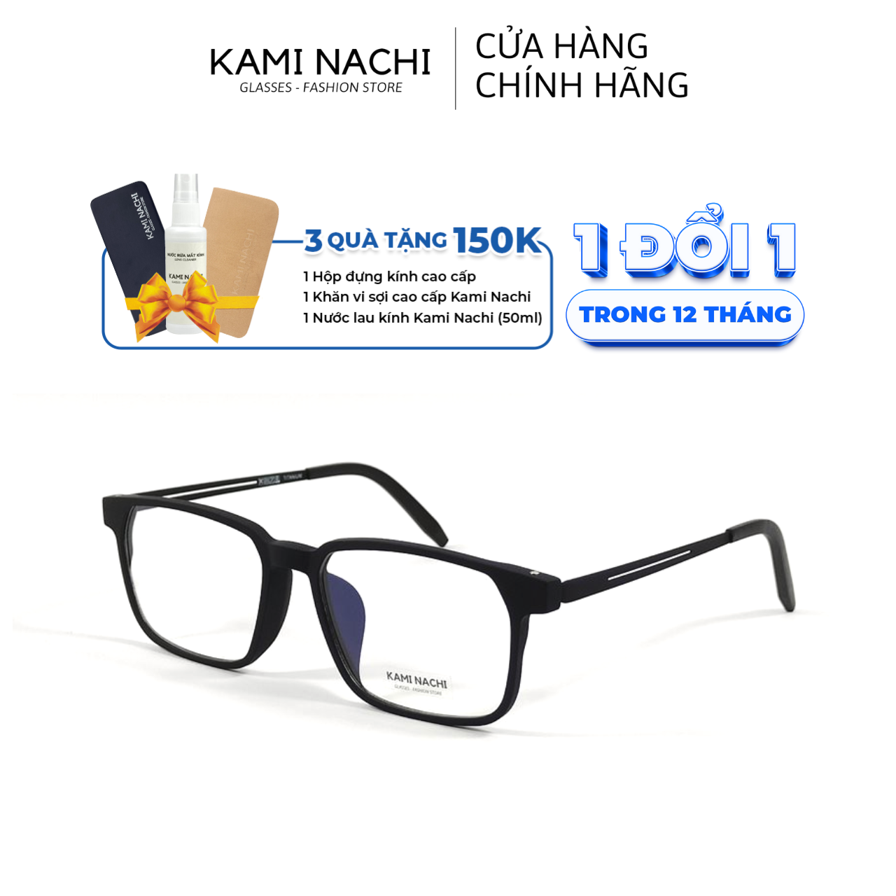 Gọng kính Titanium đen nhám dáng vuông thanh mảnh KAMI NACHI phong cách tối giản vuông Size L