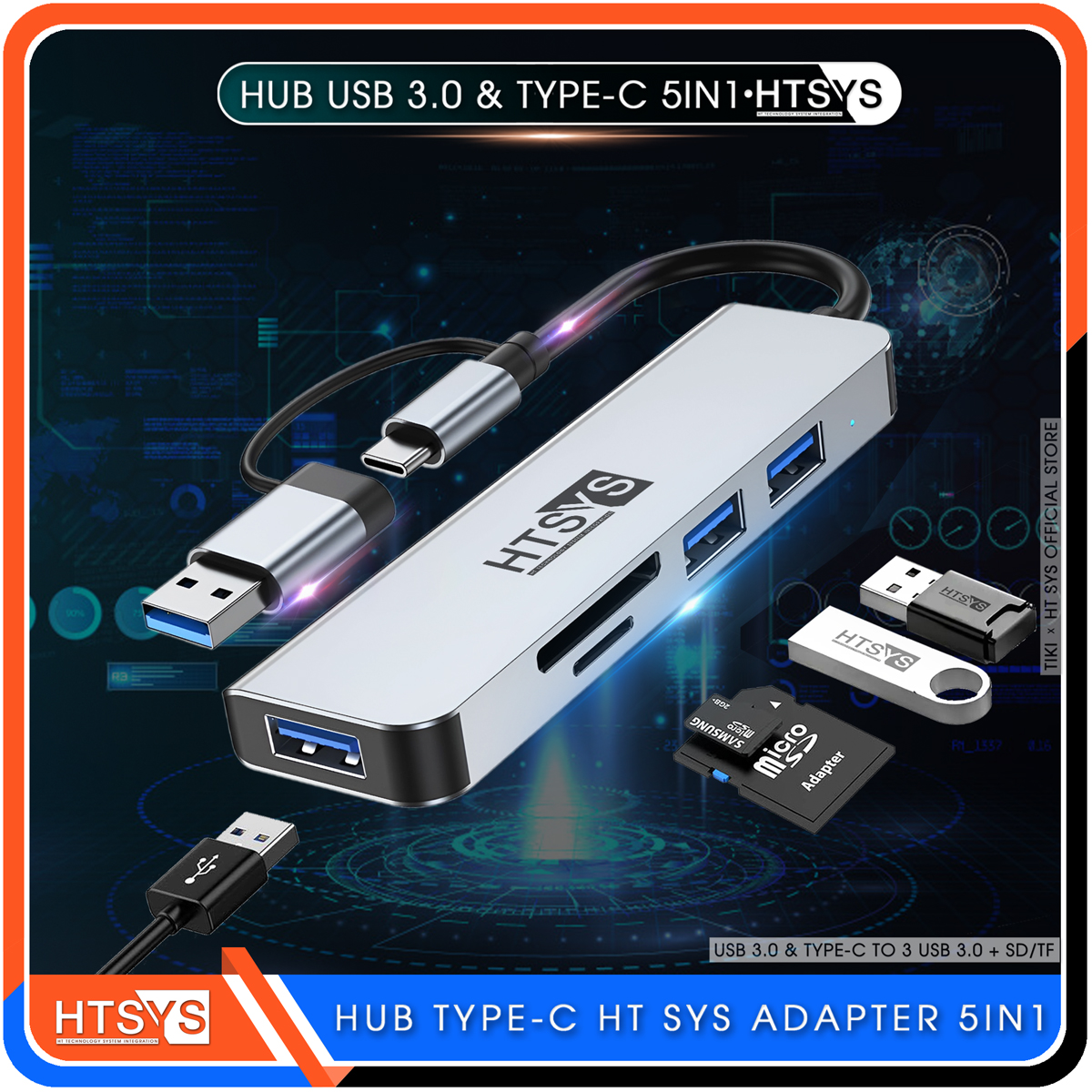 Hub Type C Và Hub USB HT SYS 5 in 1 To USB 3.0, SD, TF - Hàng Chính Hãng