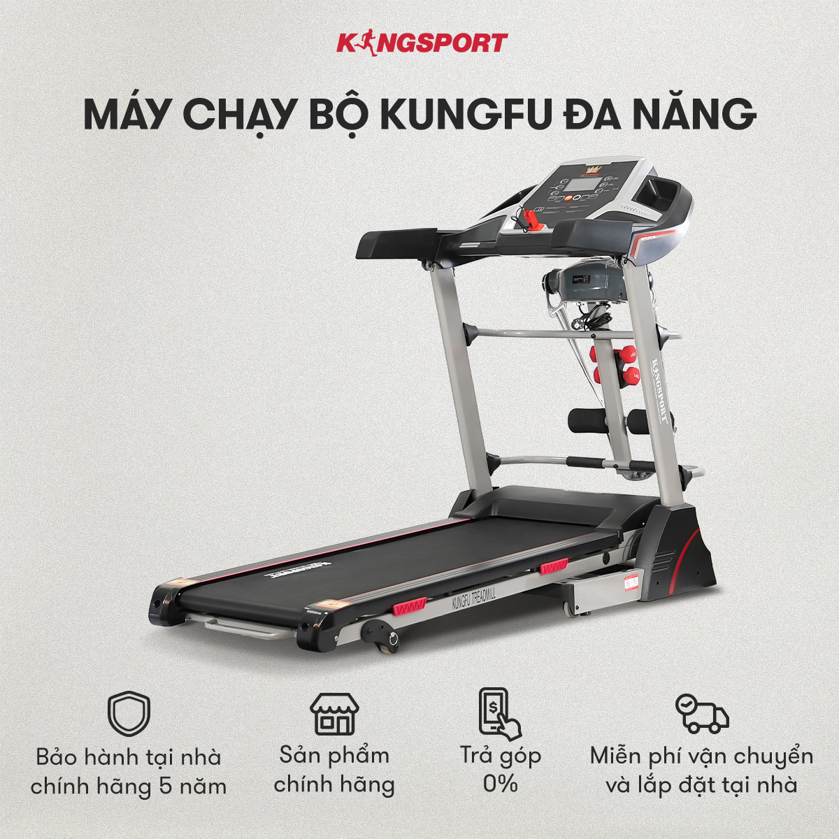 Máy chạy bộ KINGSPORT Kungfu đa năng, động cơ Kingtech hiệu suất 2.5 HP, khung sườn Kingtech Titan 2.0