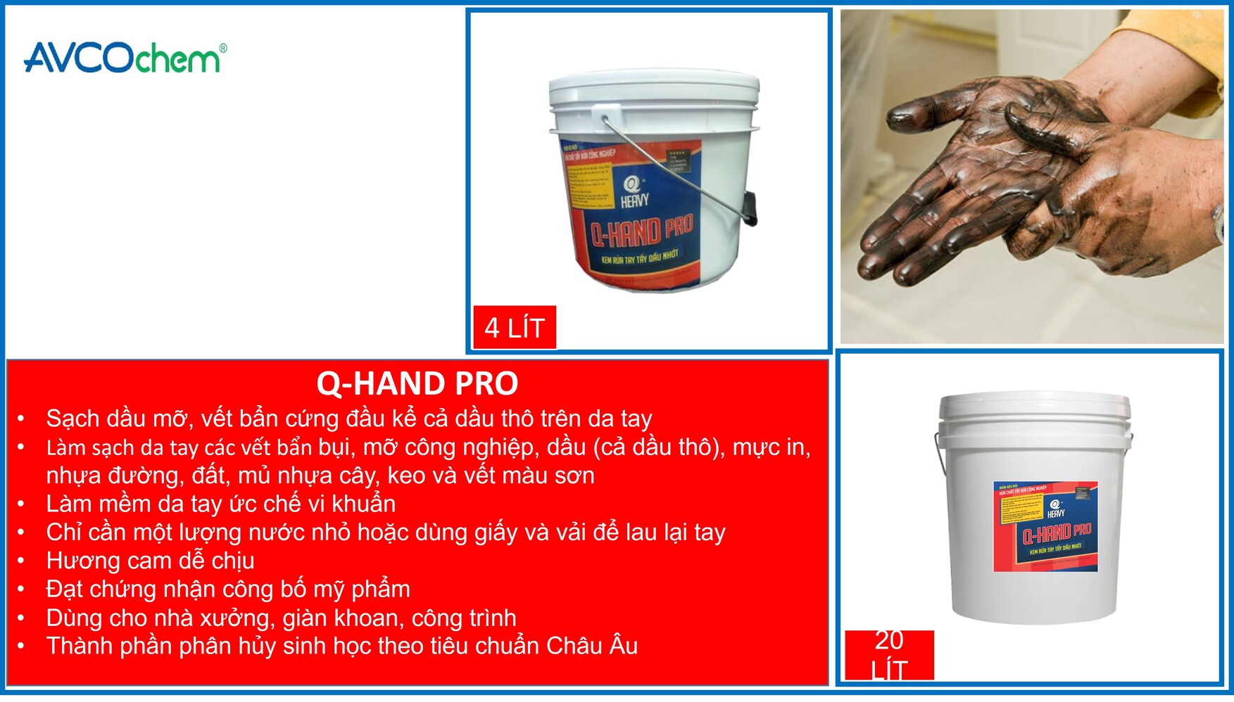 Kem rửa tay tẩy dầu nhớt AVCOchem - Q-HAND Pro - Tẩy sạch cả dầu thô - Xô 4 lít - Hàng chính hãng