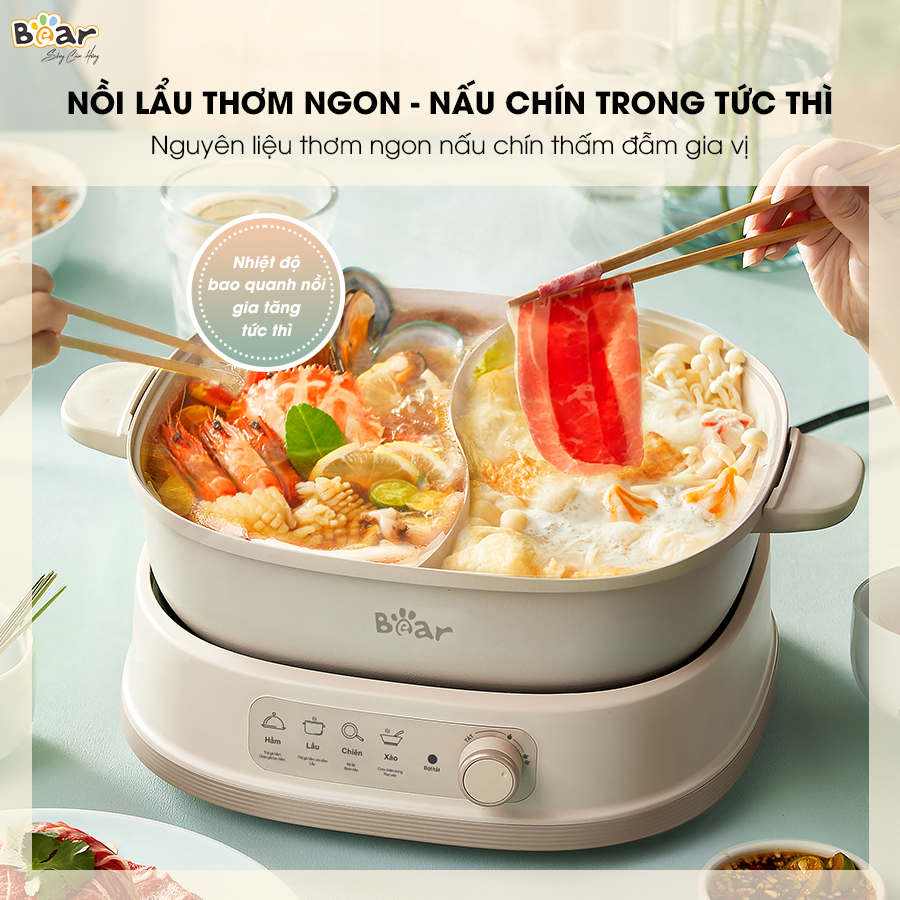 Nồi Lẩu 2 Ngăn Bear Đa Năng Nhiều Chế Độ Nấu Lẩu Hầm Ninh Chiên Rán Xào Chống Dính Cực Tốt Kháng Khuẩn 99,99% - SB NL60U HÀNG CHÍNH HÃNG