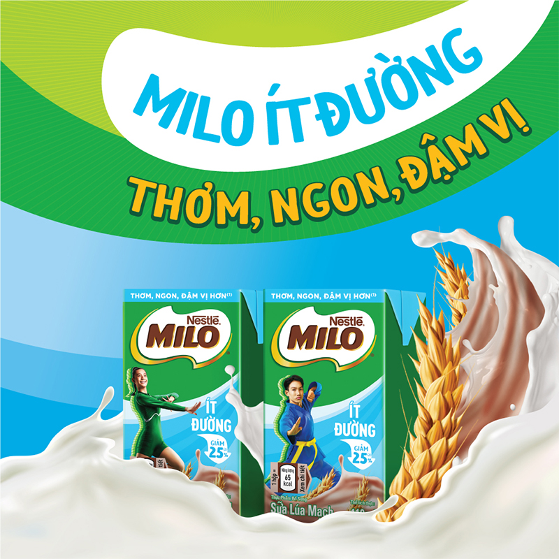 Sữa lúa mạch Nestlé MILO ÍT ĐƯỜNG - thùng 48 hộp x 110ml