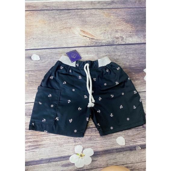 Quần Bé Trai Size 6-17Kg, 5 Tháng Đến 4 Tuổi Đen Hình Mỏ Neo Có 2 Túi, Quần Short Jean Đùi Thun Co Giãn - Quần Lửng Đen Mỏ Neo