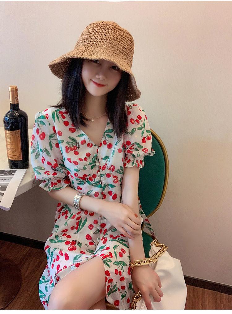 SHUANGYAN 2021 mùa hè thắt lưng ngọt ngào trà nghỉ váy nữ Pháp anh đào chiffon hoa bong bóng tay áo đầm dài
