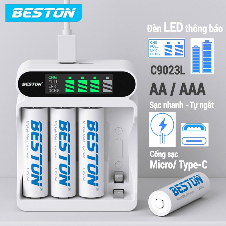 Bộ 4 pin sạc AA 3300 mAh Dung lượng cao kèm Sạc pin Beston C9023L, có tính năng sạc nhanh, tự ngắt khi đầy, màn hình LCD thông minh, dùng cho micro karaoke, máy ảnh, đồ chơi trẻ em, đồng hồ treo tường - Hàng nhập khẩu