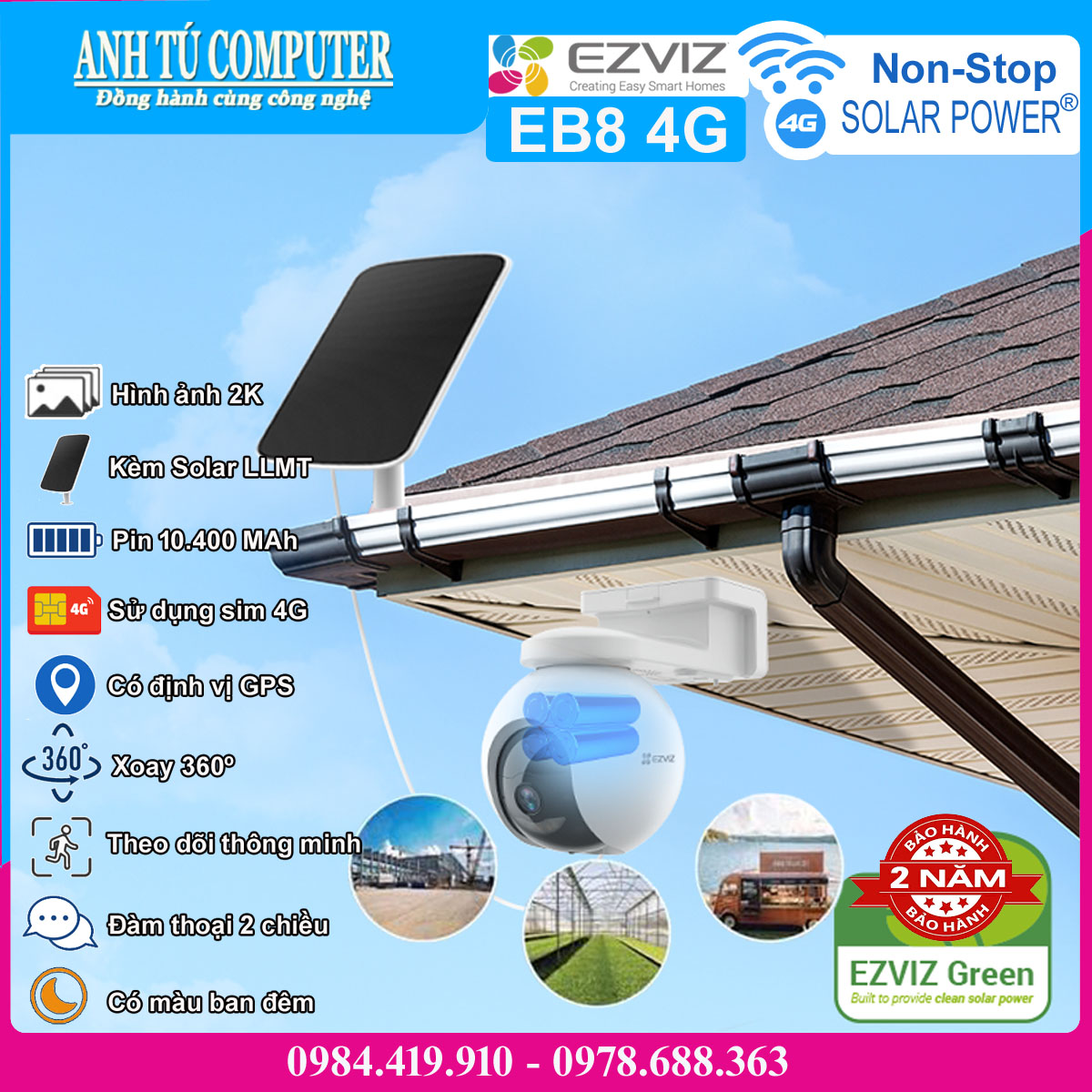 Camera 3MP 2K dùng sim 4G tích hợp pin và panel solar Ezviz EB8 hàng chính hãng