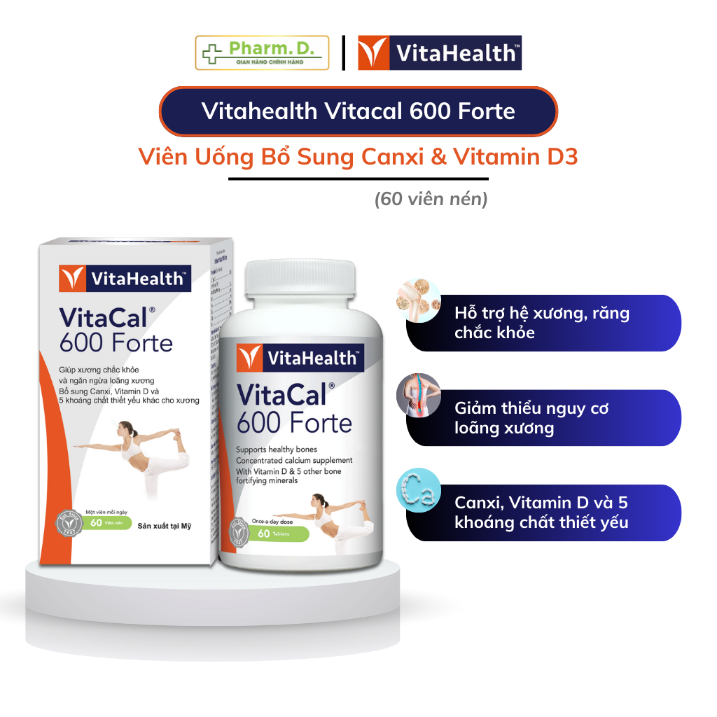 Viên Uống Bổ Sung Canxi Và D3 Phát Triển Xương Và Chiều Cao VITAHEALTH Vitacal 600 Forte ( Hộp 60 Viên)