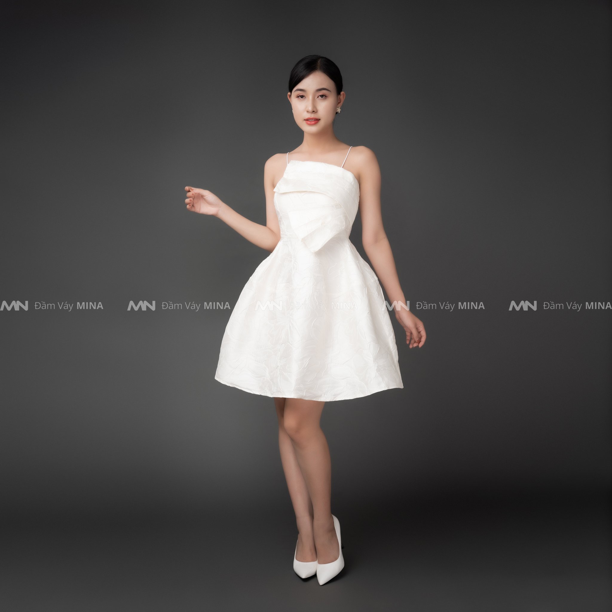 Đầm hai dây dáng xoè nơ ngực gấm dự tiệc đi chơi dạo phố sang trọng - MN126 - Đầm Váy Mina