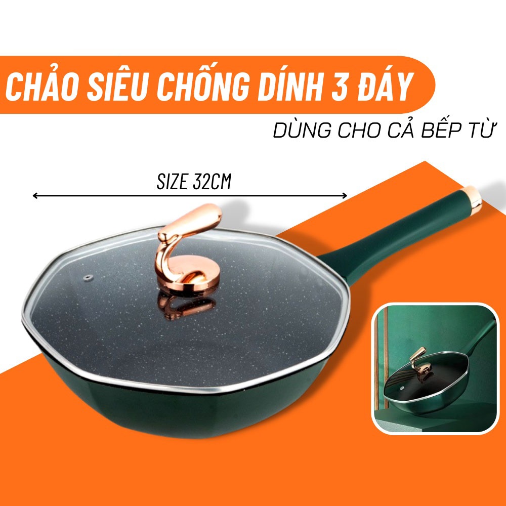 Chảo Đun Bếp Từ Siêu Chống Dính,Chất Liệu Thép Hợp Kim Cao Cấp,Thiết Kế Sang Trọng,Đáy 3 Lớp-Size 32cm,Lòng Sâu 10cm