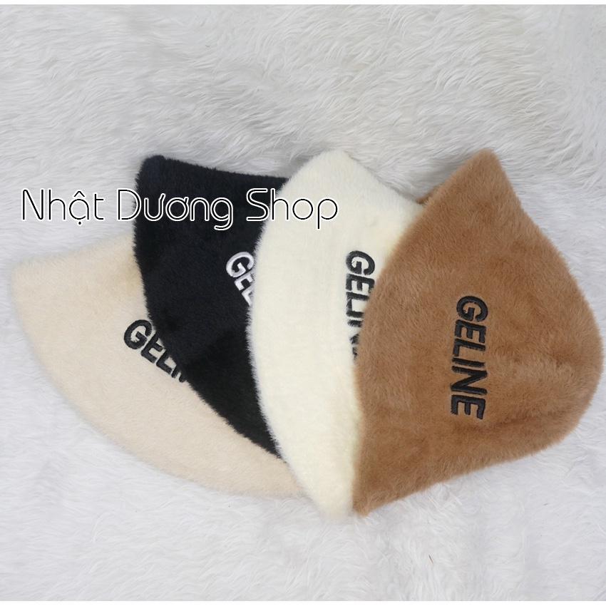 Mũ bo cụp lông thỏ, nón tai bèo vành tròn hàng quảng châu thêu chữ Geline, vành 5cm phù hợp cho bạn nữ đội đi du lịch.