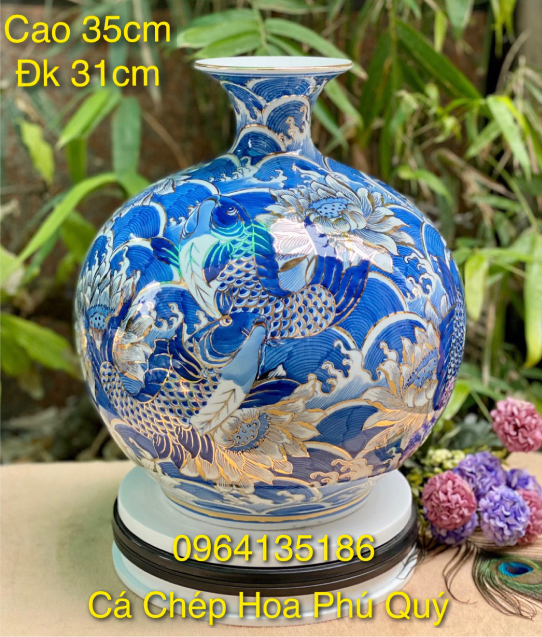Bình hút tài lộc vẽ vàng cá chép hoa phú quý h35cm gốm sứ Bát Tràng