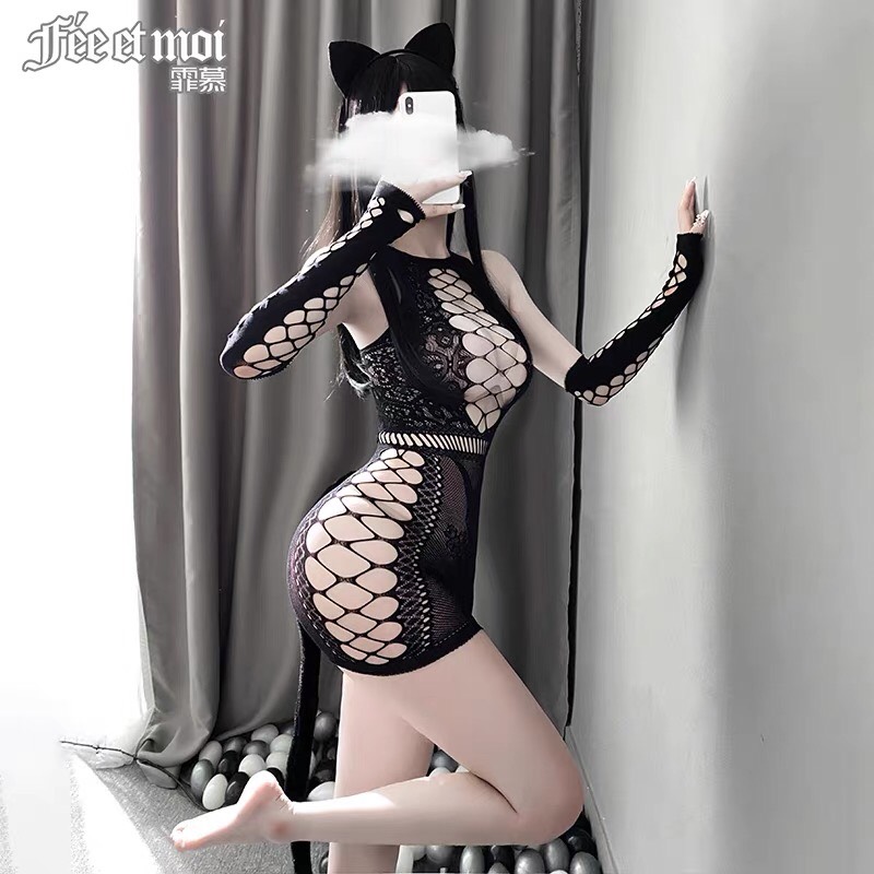 Đồ ngủ nữ Sexy thun lưới Bodystocking Cosplay bó sát đan ngực có găng tay