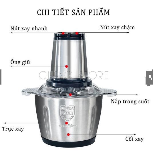 [Hàng L1] Máy xay thịt đa năng 300W, nút inox, cối Inox 304 , 4 lưỡi, dung tích 2L