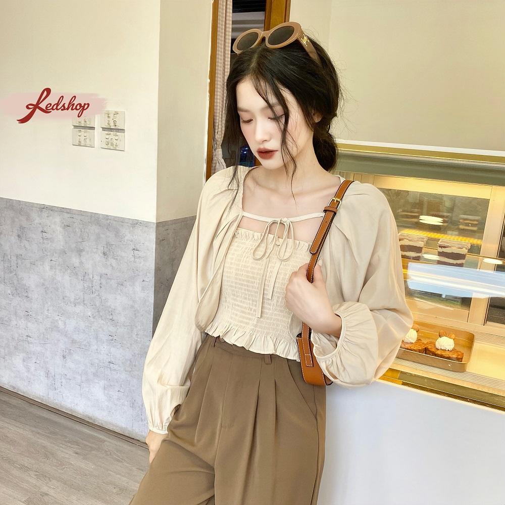 Set áo dây và áo khoác ngoài thắt nơ croptop phong cách Hàn Quốc Red Shop 29915