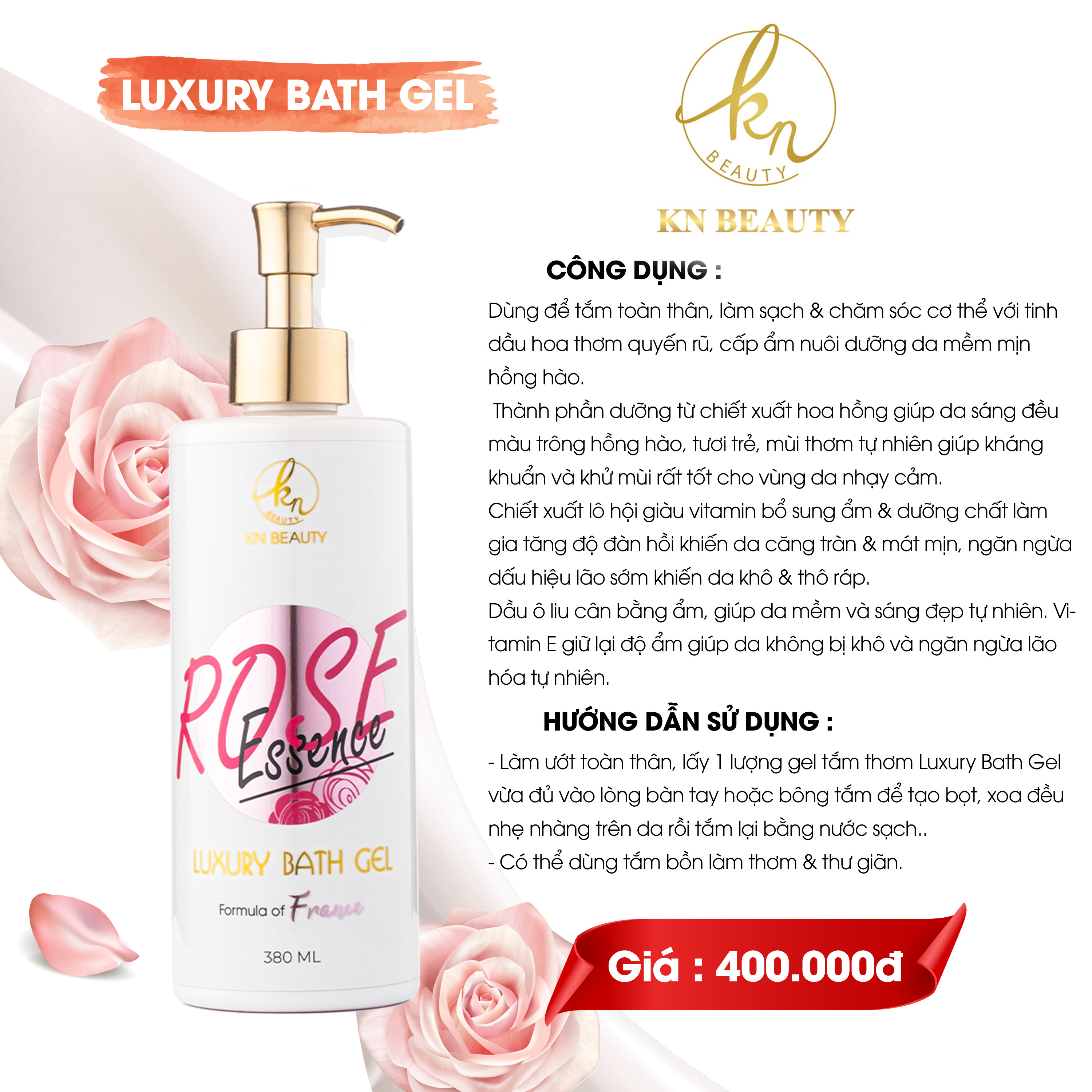 Sữa tắm KN Beauty tinh chất Hoa Hồng – Luxury Bath Gel ROSE essence 380ml