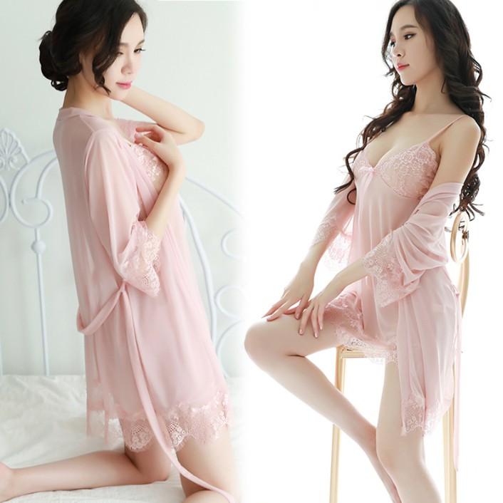 Đủ bộ đầm + áo choàng + chip Váy ngủ phối ren cao cấp quyến rũ