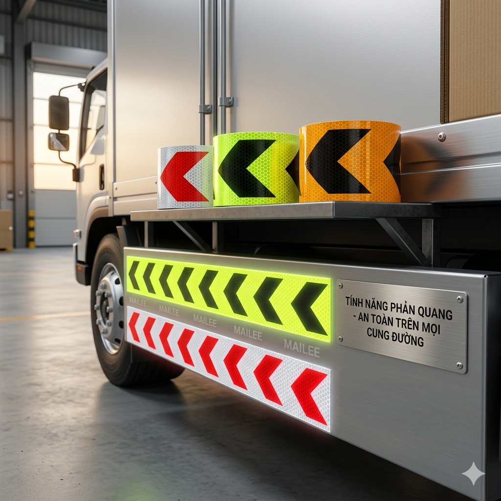 Cuộn Phản Quang khổ rộng 10 cm x 25 mét, Cảnh Báo An Toàn Hình Mũi Tên Dùng Dán Xe Ô tô, Thùng Xe Tải, An Toàn, chất liệu PVC Chống Thấm Nước - Mũi Tên Vàng Đen - Mai Lee