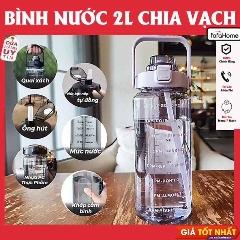 Bình Nước 2 Lít Có Vạch Chia Nhắc Giờ Dành Cho Người Lười Uống Nước, Bình Đựng Nước Thể Thao 2L Kèm Ống Hút Tiện Dụng (Chọn Màu)